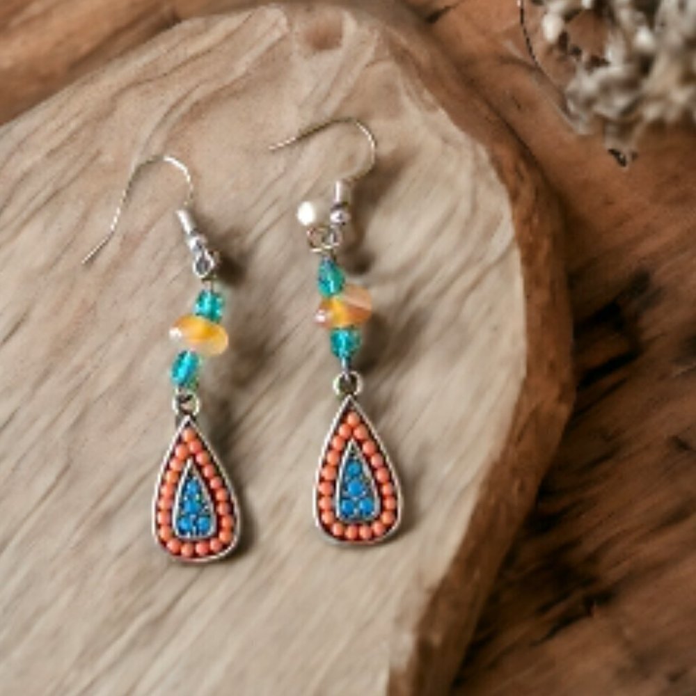 Southwest Style Crystal Silver Earrings - Hand Crafted‎ - New